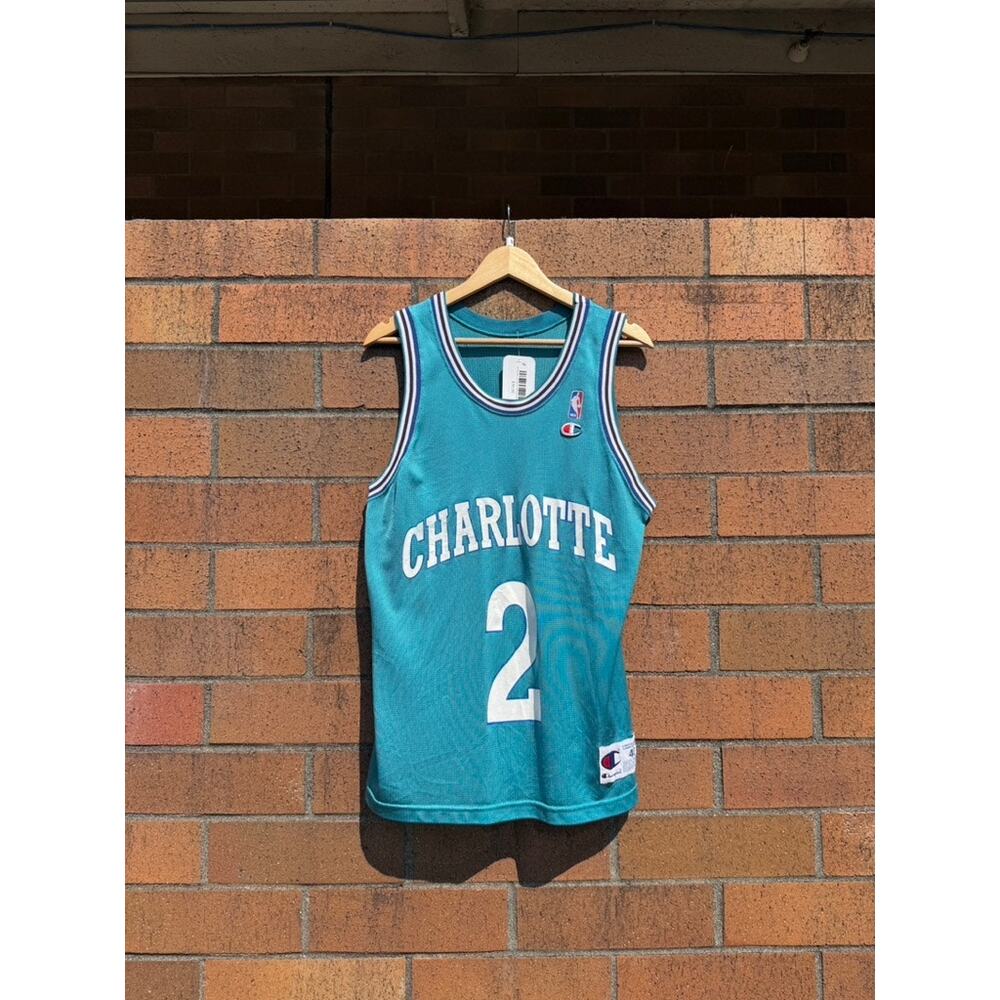 90s Champion Larry Johnson Vintage Teal Charlotte Hornets NBA Basketball Jersey - Picture 2 of 9